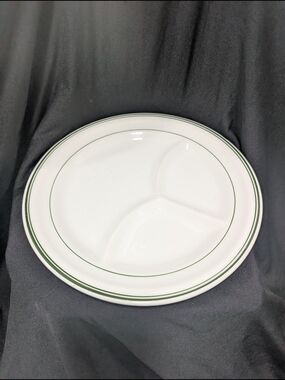 Vintage Sterling Vitrified White China Divided Dinner Plate With Green Rim